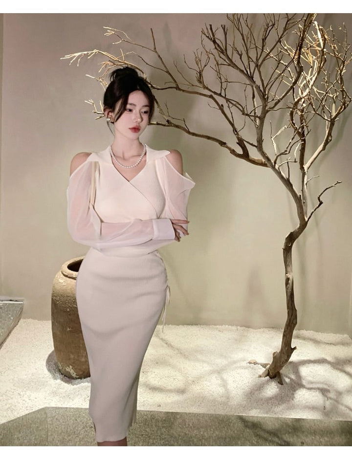 【dress】女性力を高める～オフショルダーニットワンピース　M17054