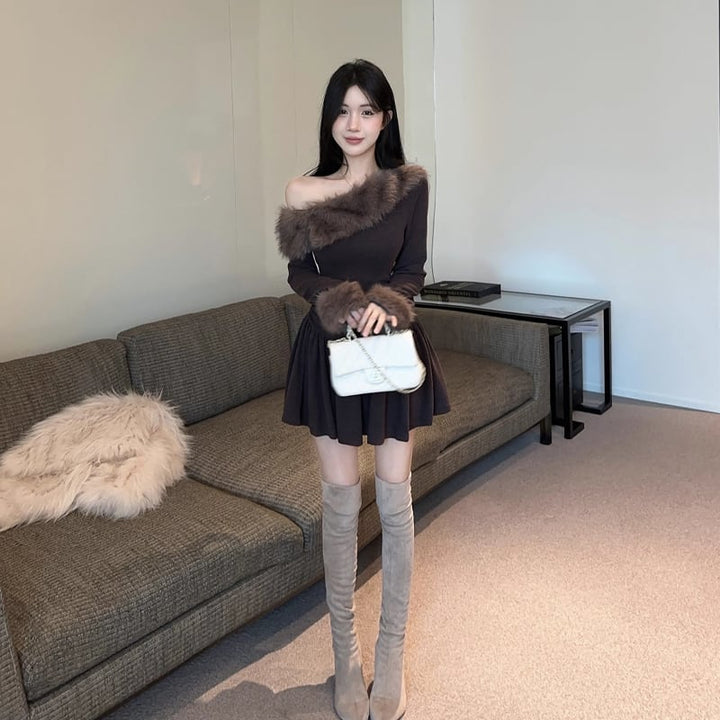 【dress】ファー付きフレアワンピース Q7564