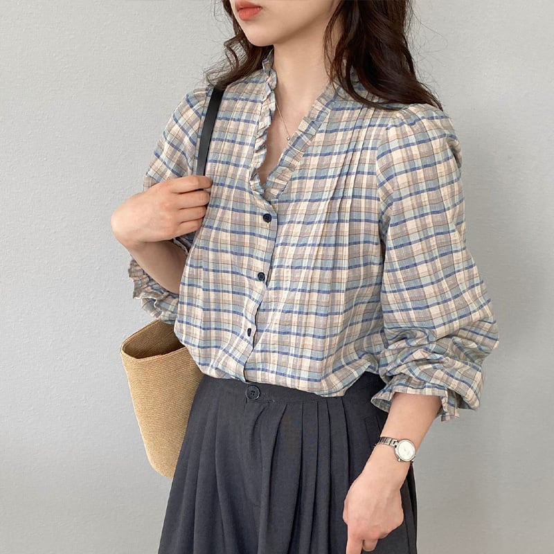 【tops】ギャザーフリル付きチェック柄トップス Q8281