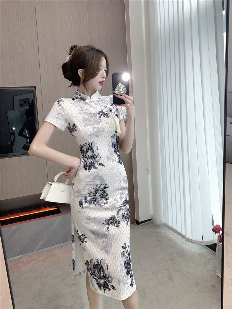【dress】絶対流行エレガントスリットプリントワンピース　M16799