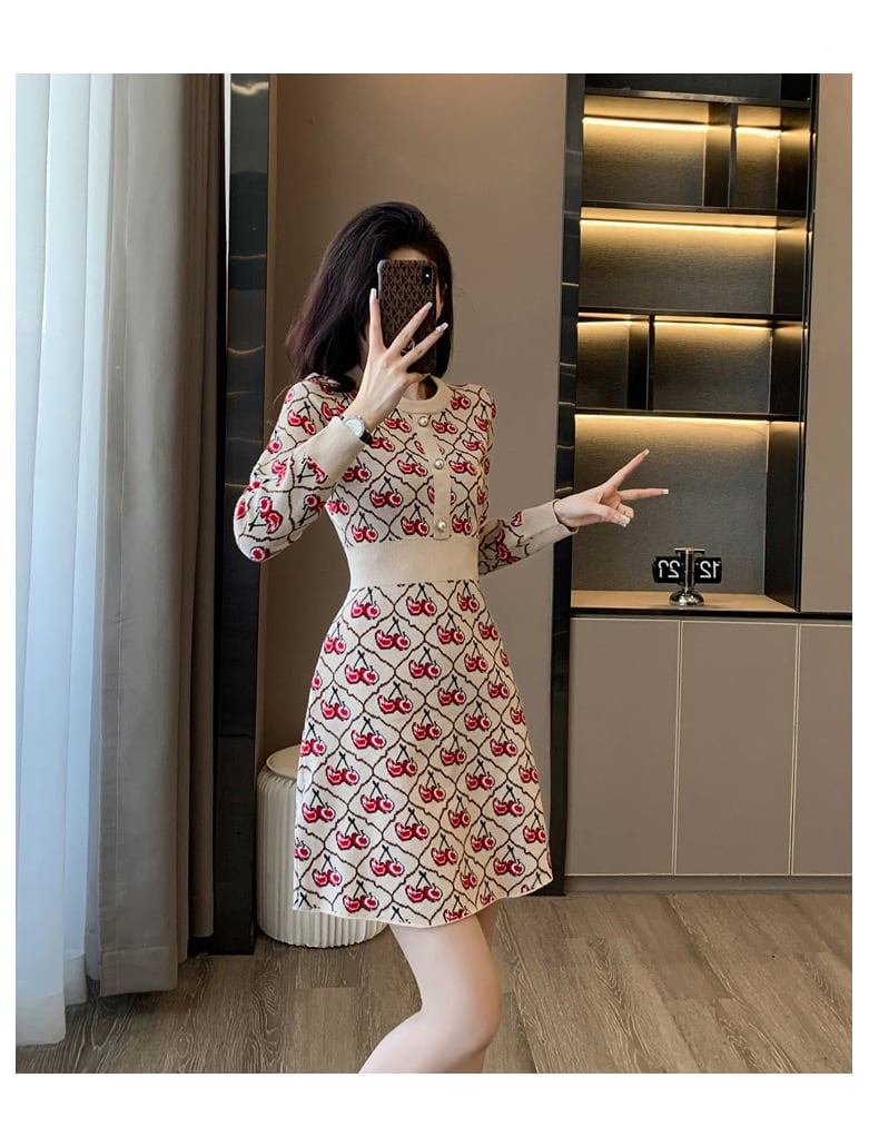 【dress】チェリー柄ニットワンピース　N2032