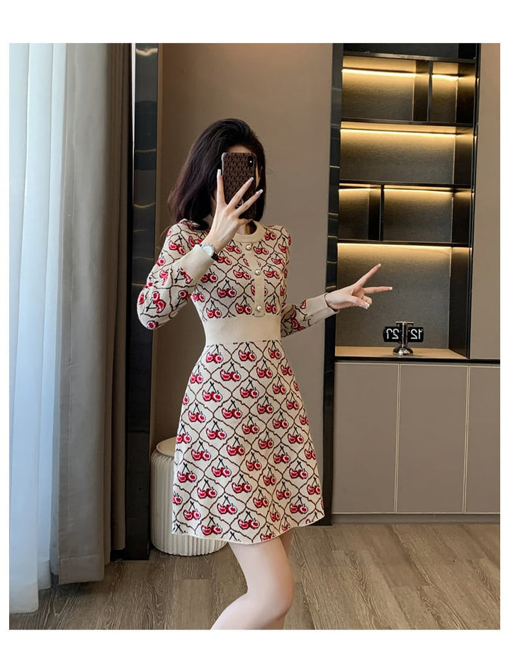 【dress】チェリー柄ニットワンピース　N2032