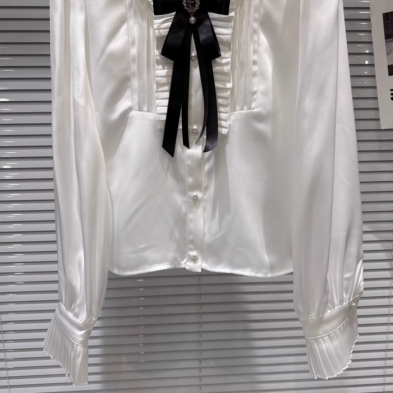 【tops】リボン付きギャザーフリルシャツ Q7893