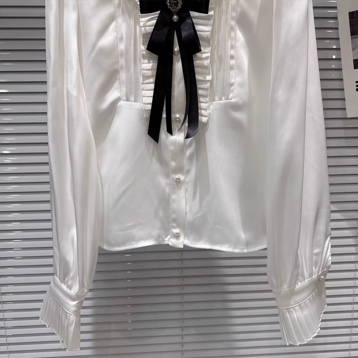 【tops】リボン付きギャザーフリルシャツ Q7893
