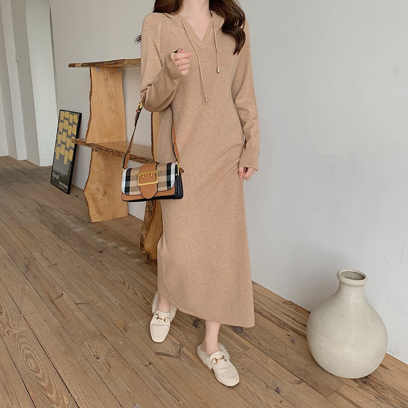 【dress】フード付きニットワンピース韓国系超人気　M17661