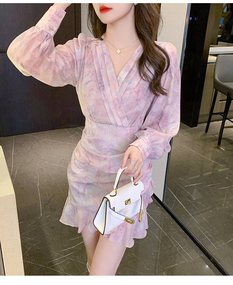 【dress】大人らしい Vネックマーメイド花柄ワンピース　M17259