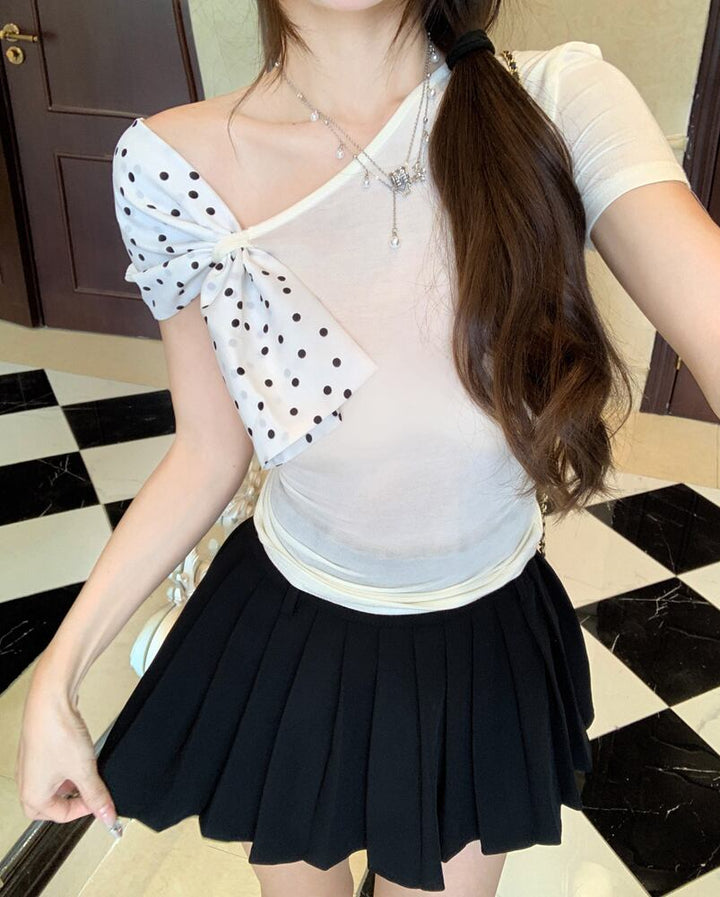 【tops】オフショルダーリボン付きTシャツ　M29832