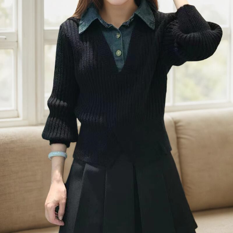 【tops】フェイクレイヤードニットトップス Q7714