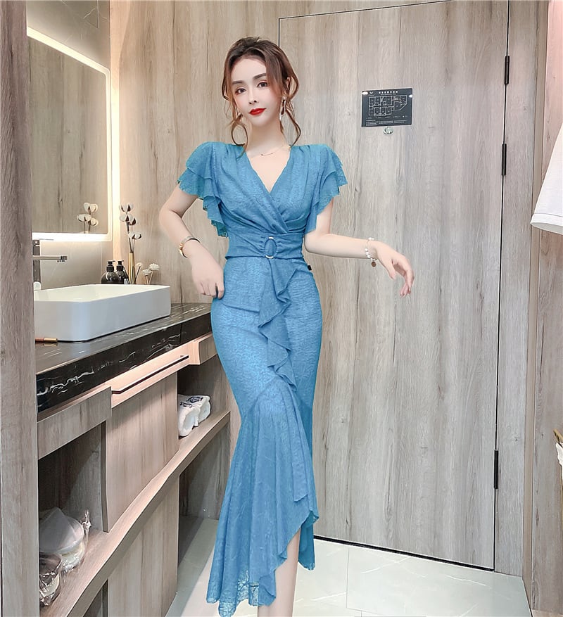 【dress】美人度アップVネックマーメイドワンピース　M17020