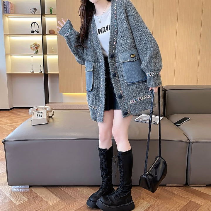 【outer】デニムドッキングニットカーディガン Q7187