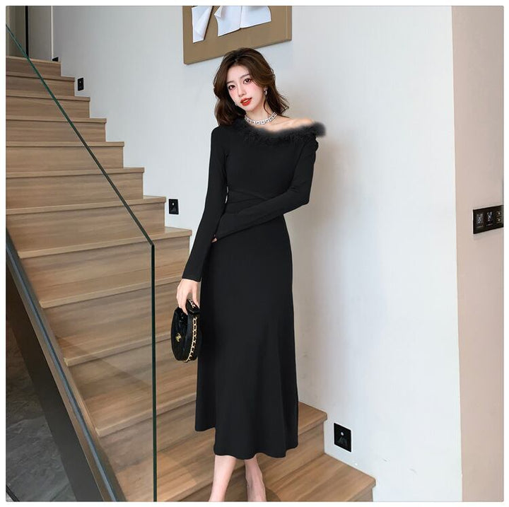 【dress】ファーネックニットワンピース　M18254