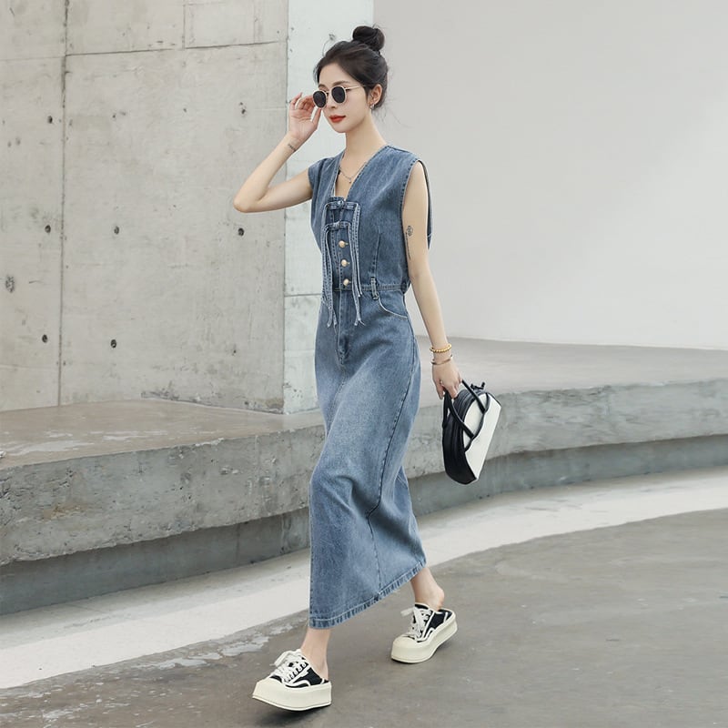 【dress】絶対流行ファッションノースリーブデニムワンピース　M16834