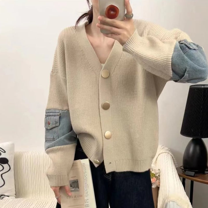 【tops】Vネックデニムドッキングニットトップス Q6369