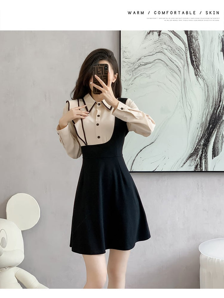 【dress】韓国系折り襟フリル切り替えデートワンピース　M17399