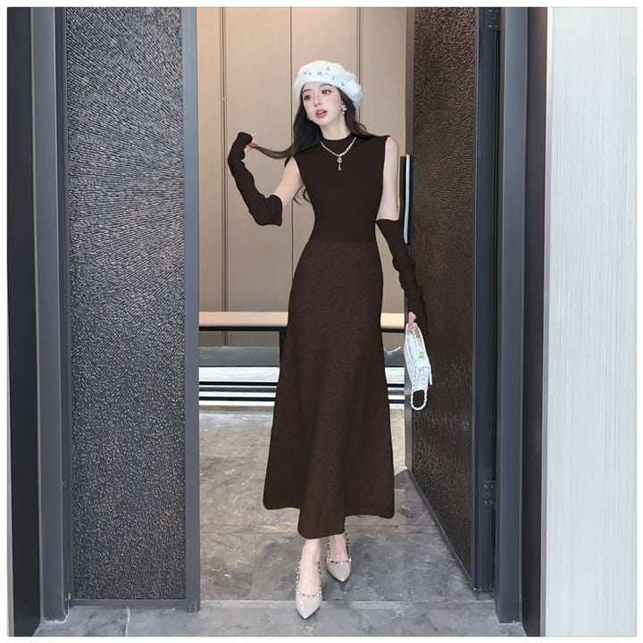 【dress】アームカバー付きドッキングニットワンピース　M28118
