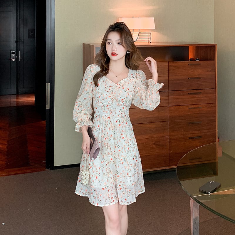【dress】パフスリーブスウィート花柄ワンピース　M17075