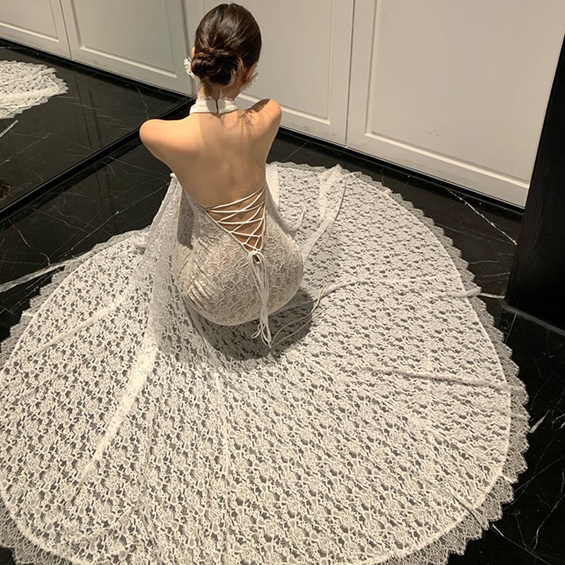 【dress】ホルターネックレースワンピース Q7582