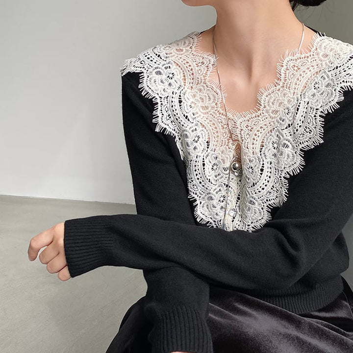 【tops】Vネックレースドッキングニットトップス Q7241