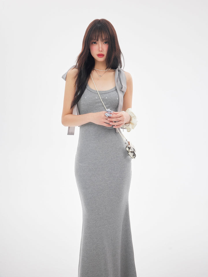【dress】ショルダーリボンシェイプリブカットロングワンピース　N3520