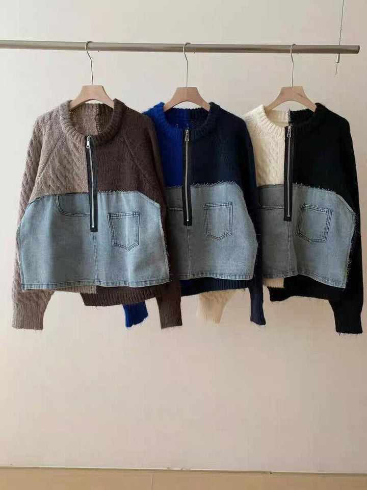【tops】デニム切り替えニットトップス　N3288