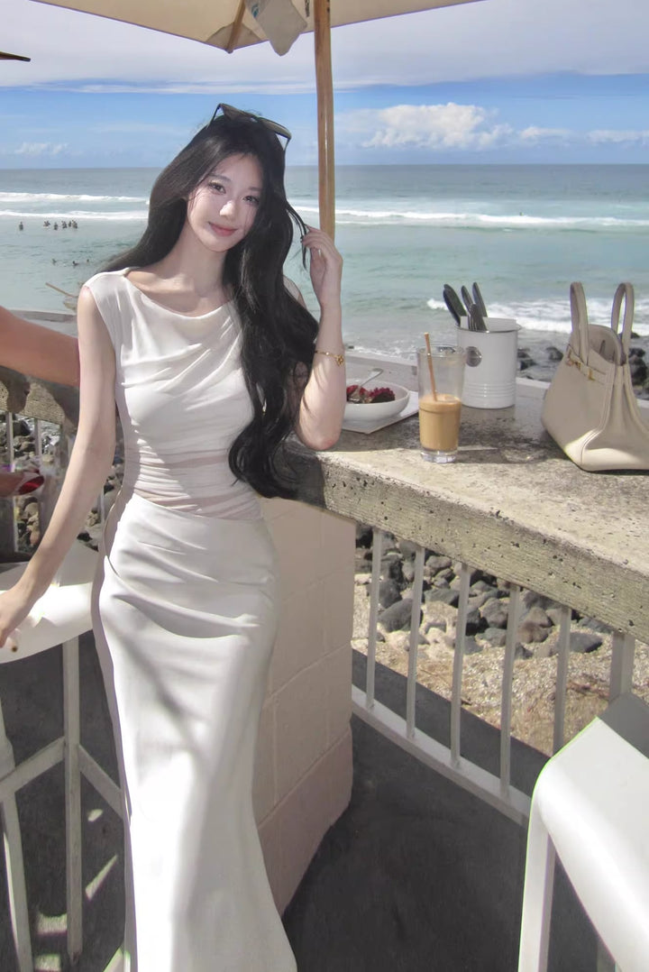 【dress】ノースリーブチュールドッキングロングワンピース Q7988