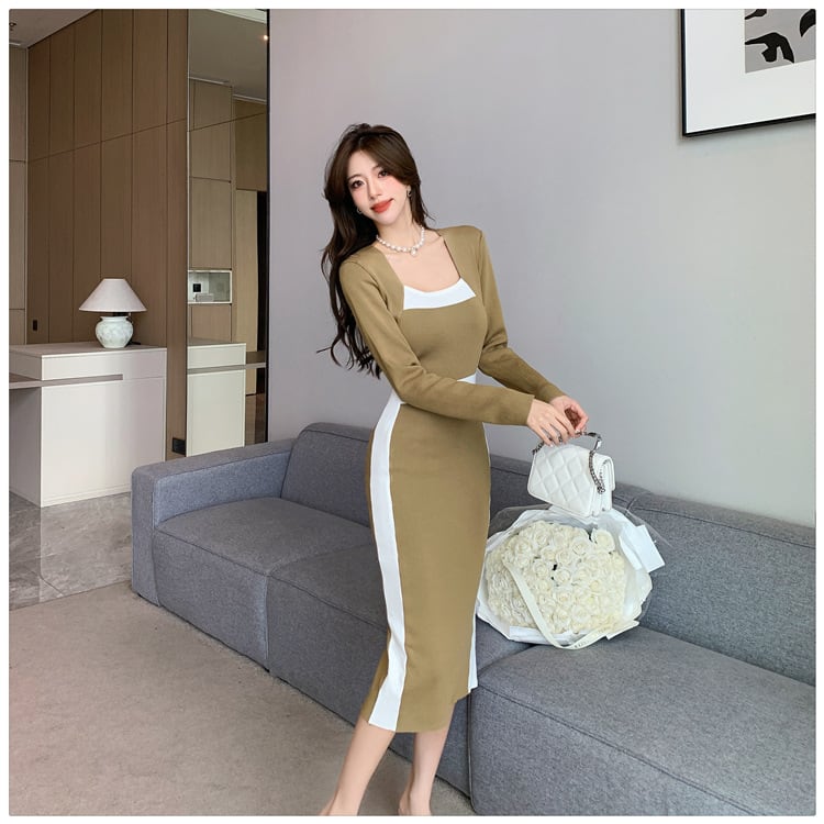 【dress】早い者勝ち切り替えニットワンピース着瘦せ　M17510