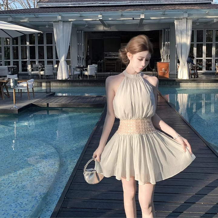 【dress】ビーズ付きノースリーブチュールミニワンピース Q8406