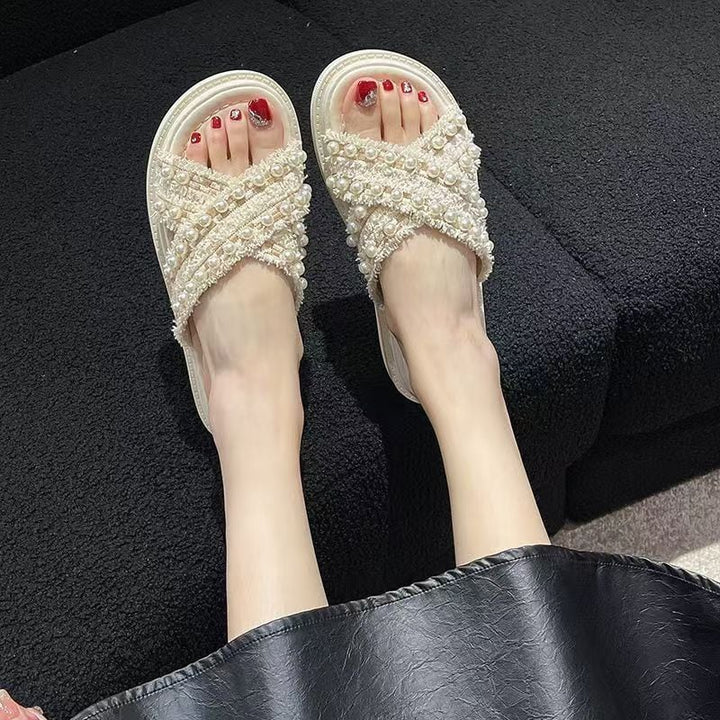 【Shoes】パール付きサンダル Q8427