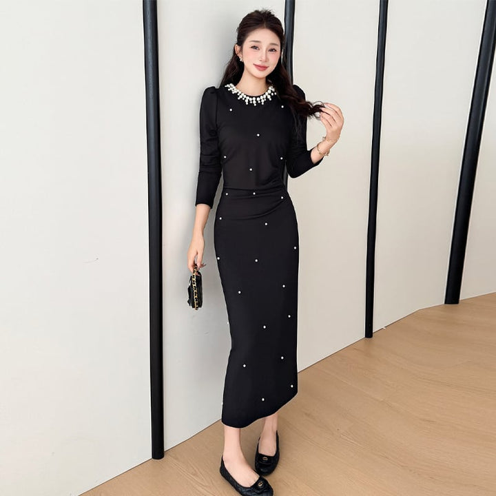 【dress】パール付きワンピース Q7040