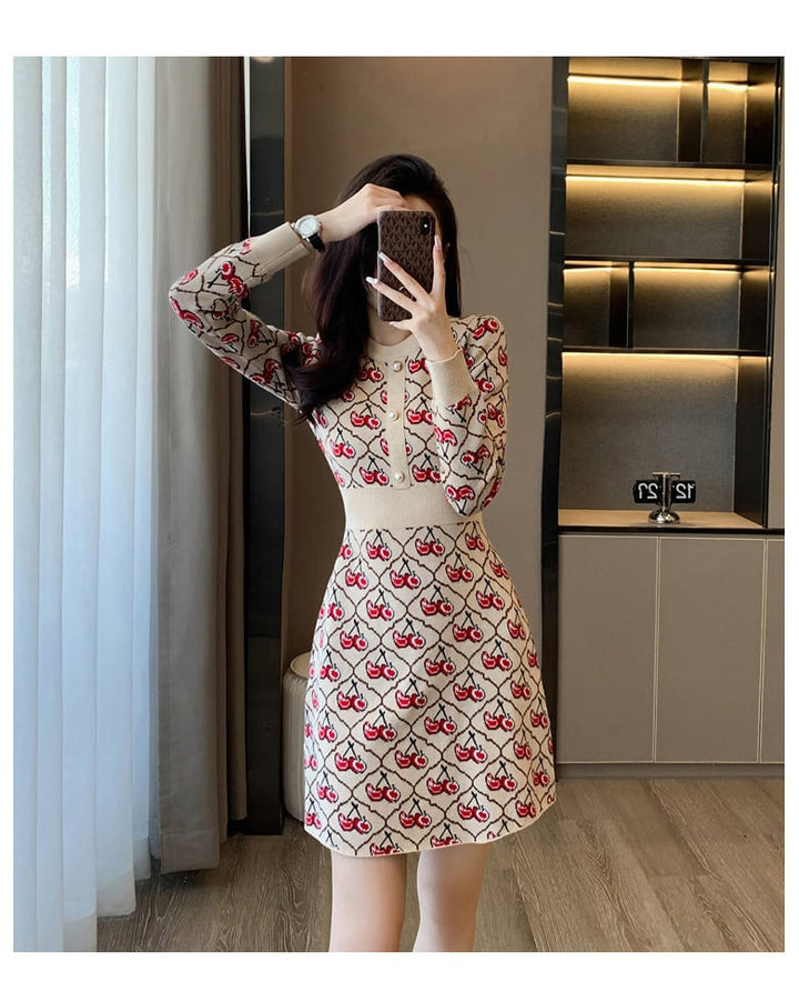 【dress】チェリー柄ニットワンピース　N2032
