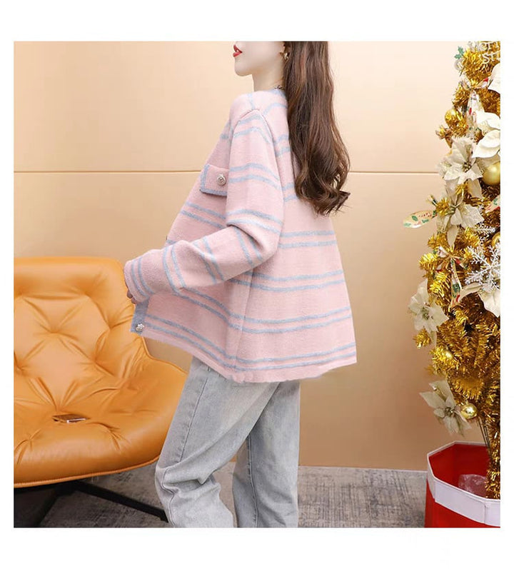 【dress】韓国系超人気ボーダー柄Vネックカーディガン　 M17553