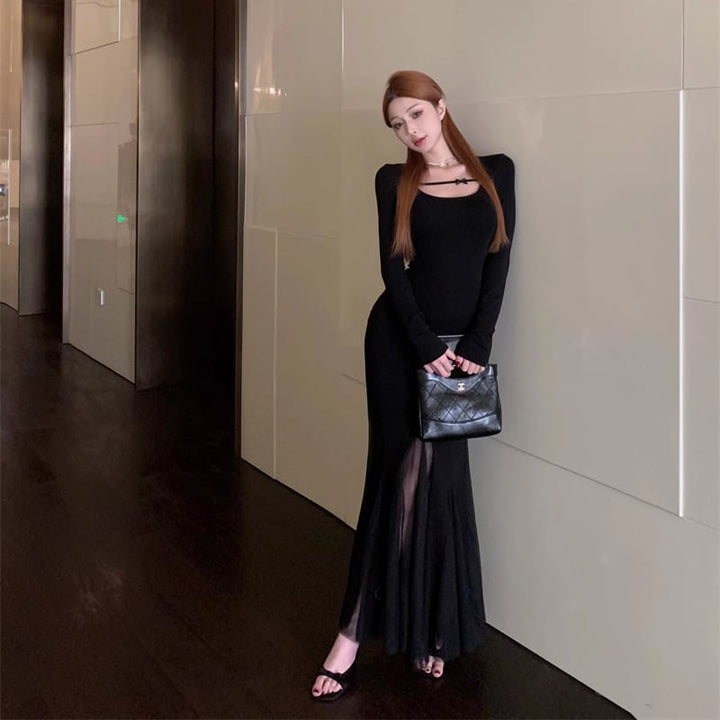 【dress】チュールドッキングロングワンピース Q7017