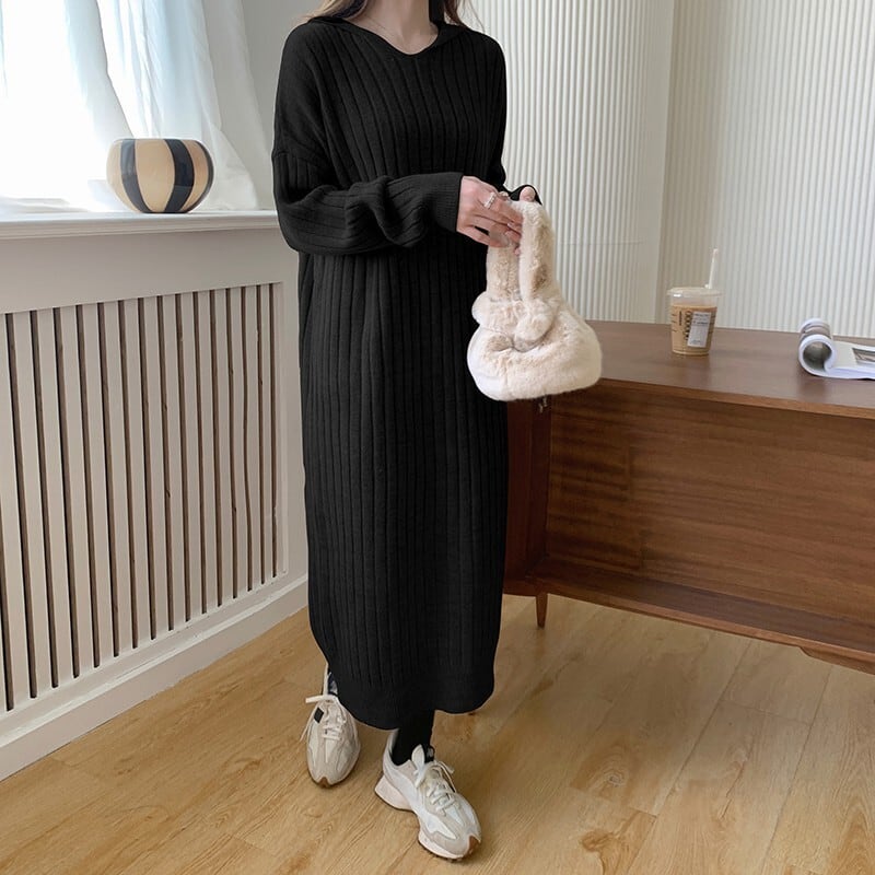 【dress】韓国系シンプルフード付きニットワンピース　M17494