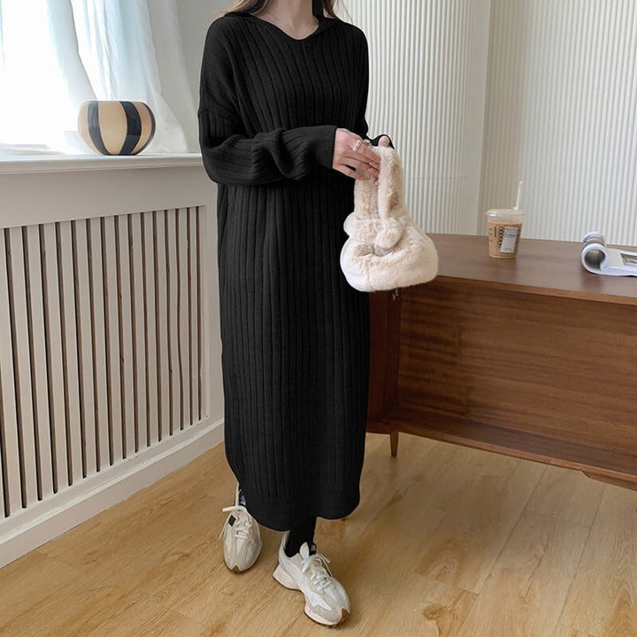 【dress】韓国系シンプルフード付きニットワンピース　M17494