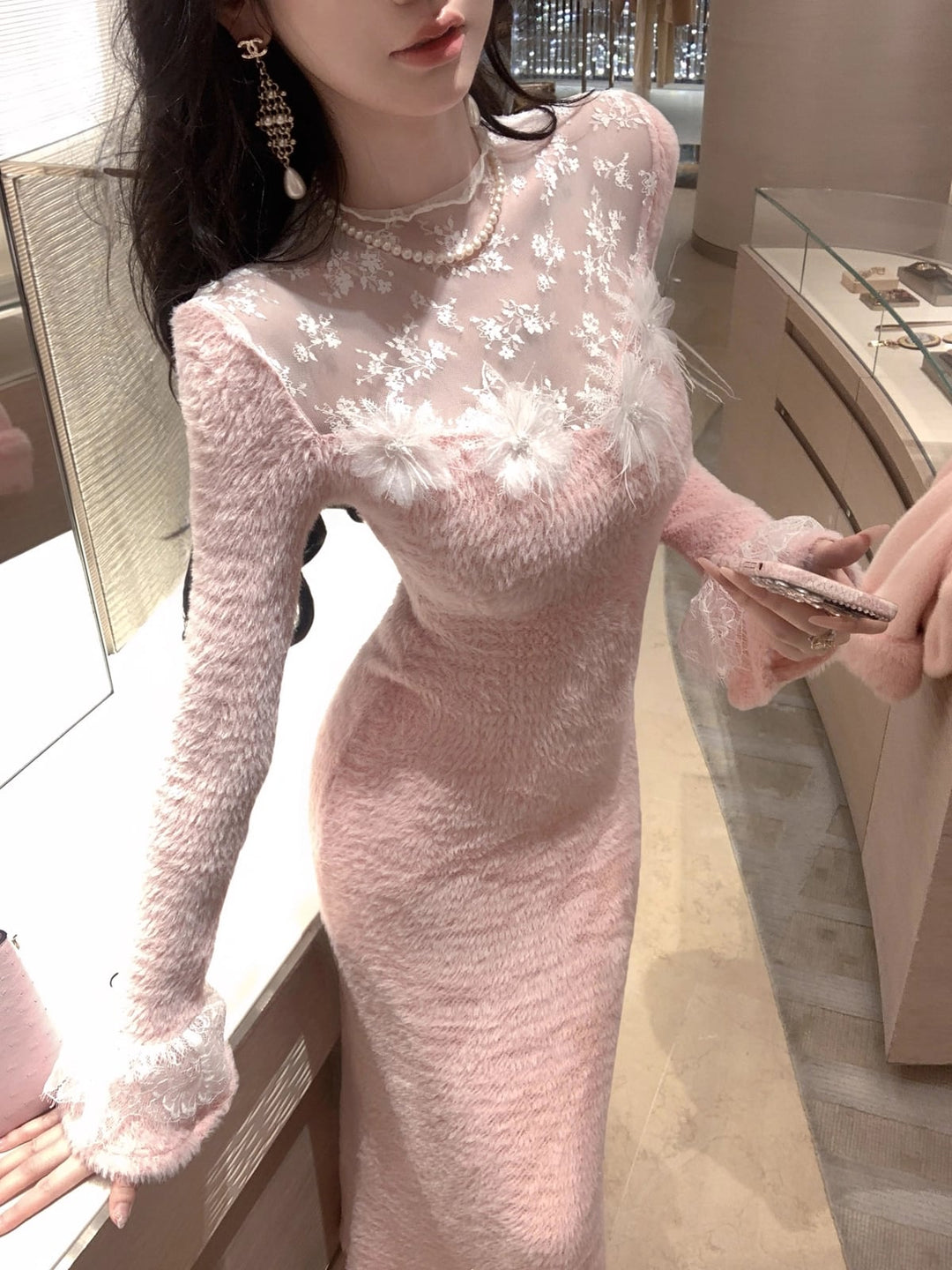 【dress】レースドッキングニットワンピース Q7275