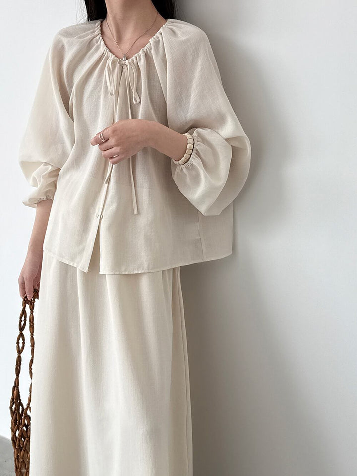 【set】リボン付きトップス×ロングスカートセット Q8324