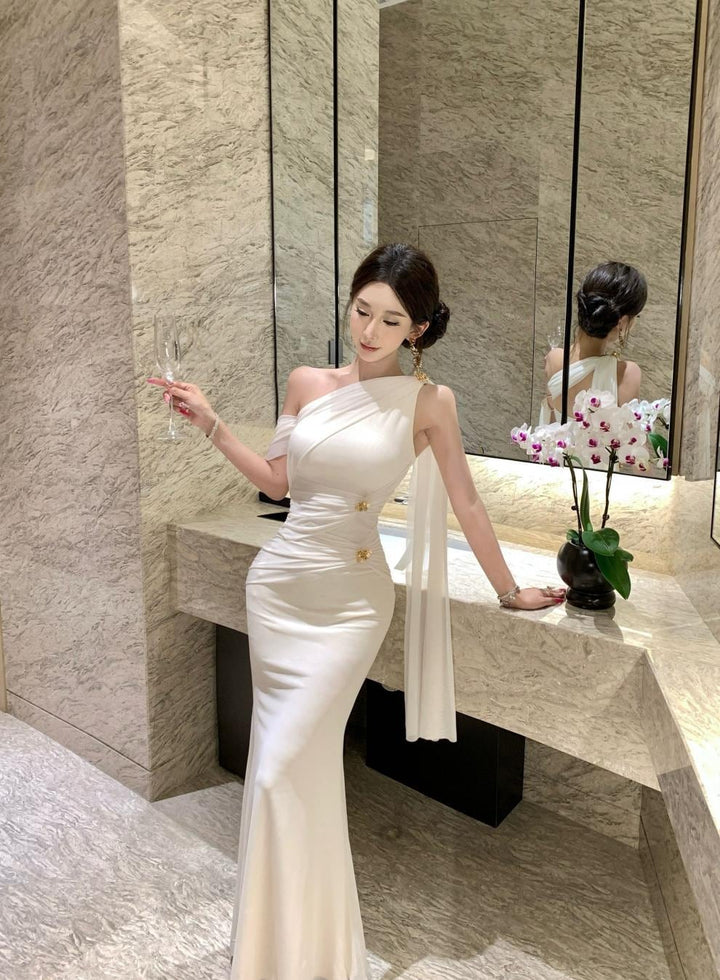 【dress】ワンショルダーギャザーデザインロングワンピース Q7977