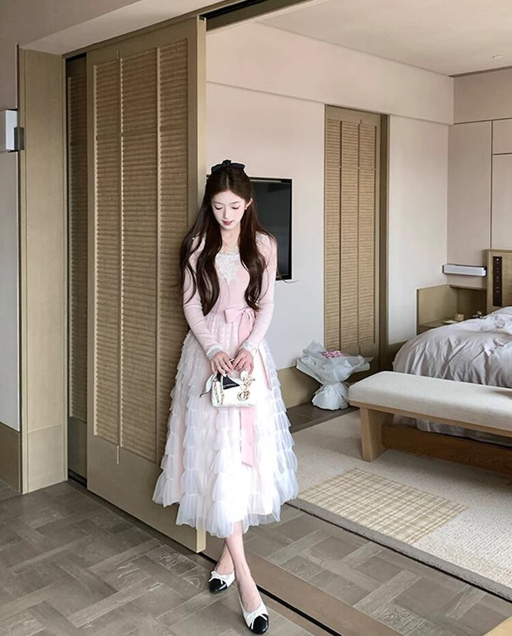 【dress】レース付きニットドッキングチュールワンピース Q7646