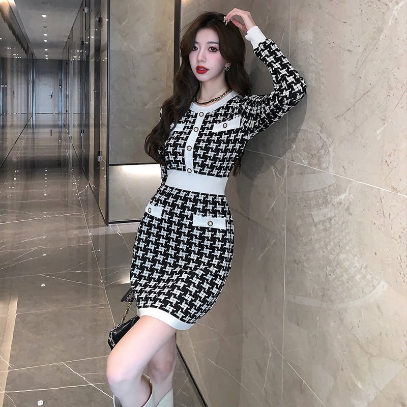 【dress】千鳥格子ニットワンピース　M17627