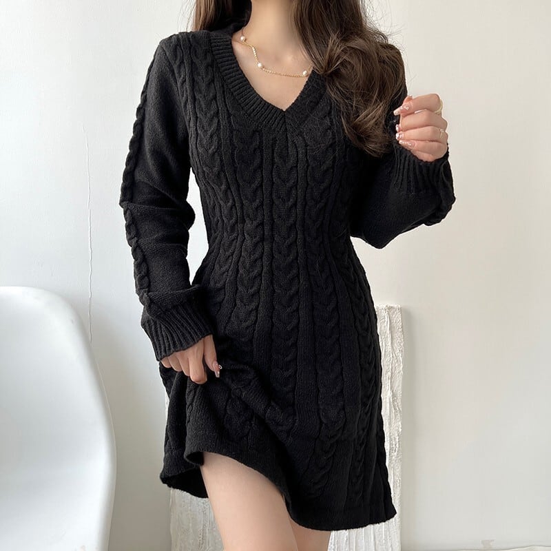 【dress】Vネック無地ニットワンピース　M17948