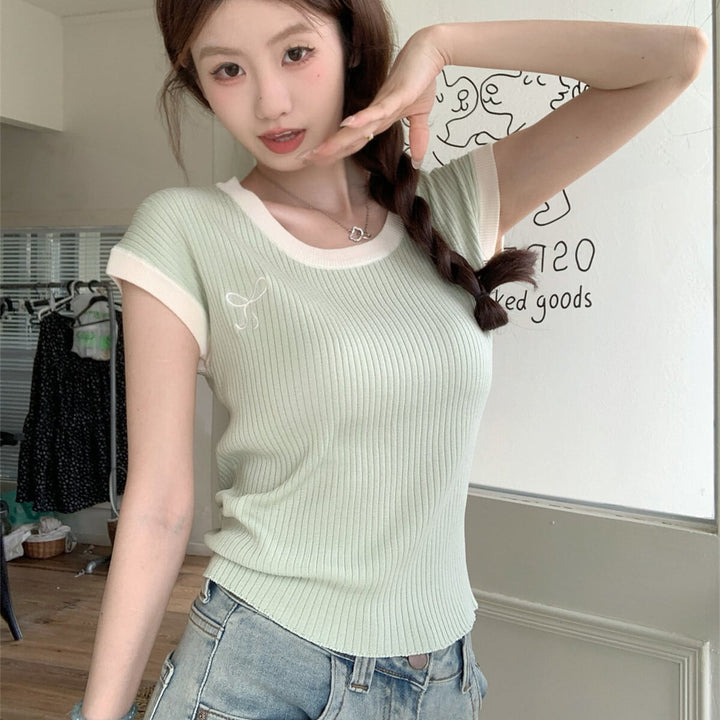 【tops】リボン刺繍ニットTシャツ　M25106