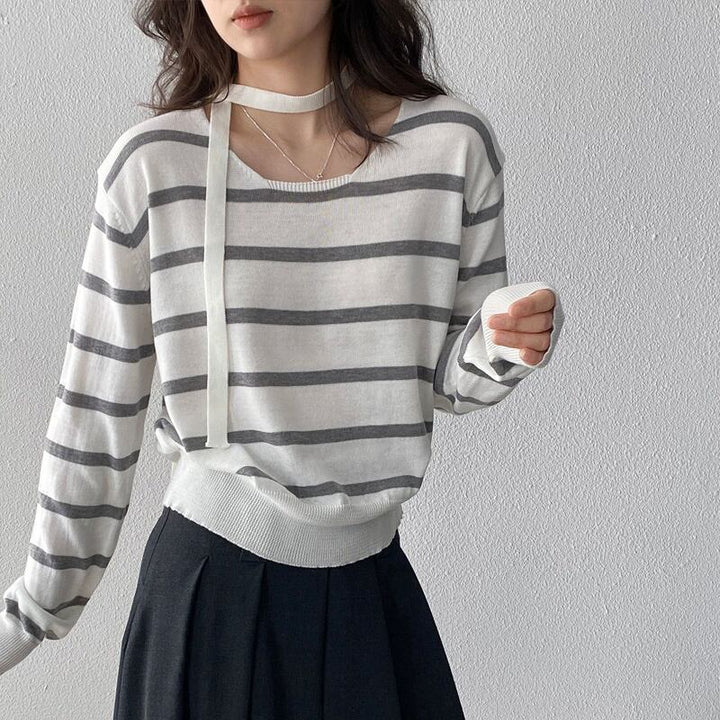 【tops】スカーフ付きボーダー柄ニットトップス Q8284
