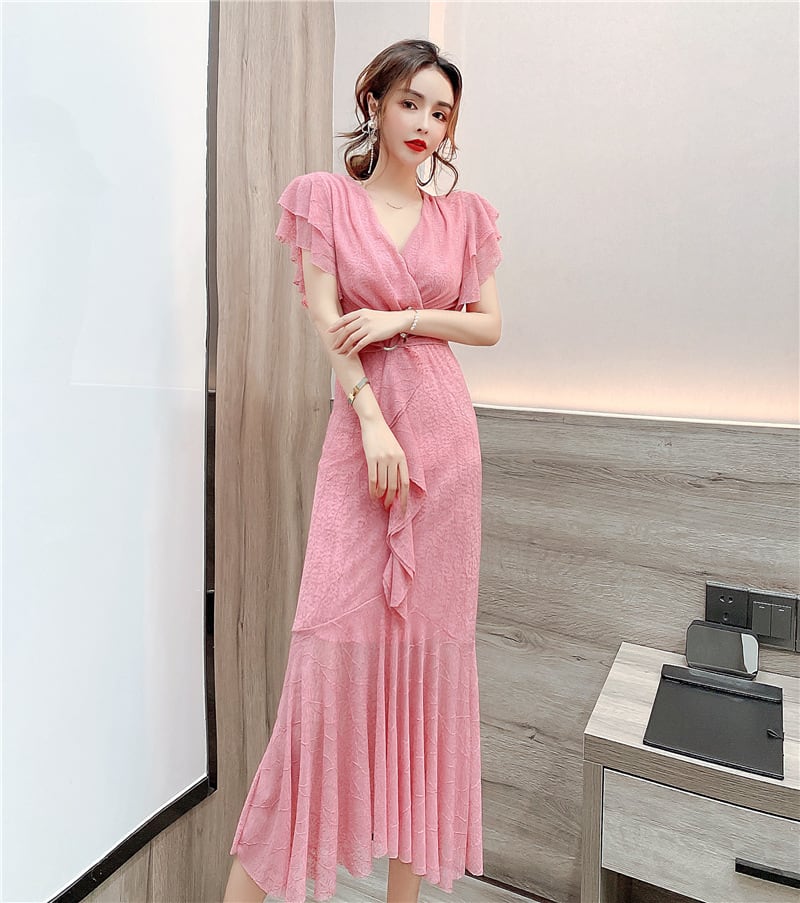 【dress】美人度アップVネックマーメイドワンピース　M17020
