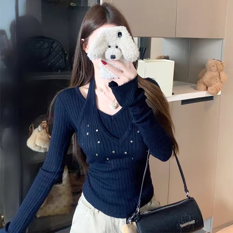 【tops】フェイクレイヤードニットトップス Q7960