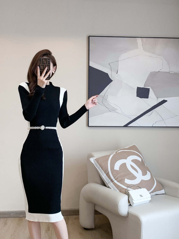 【dress】配色切り替えニットワンピースベルト付き　M17676