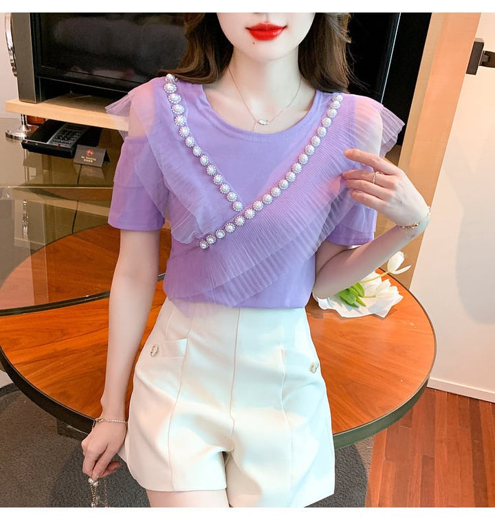 【tops】好感度UP 切り替えオフショルダーTシャツトップス　M16841