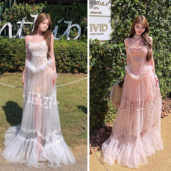 【dress】ホルターネックシアーチュールティアードワンピース Q8484