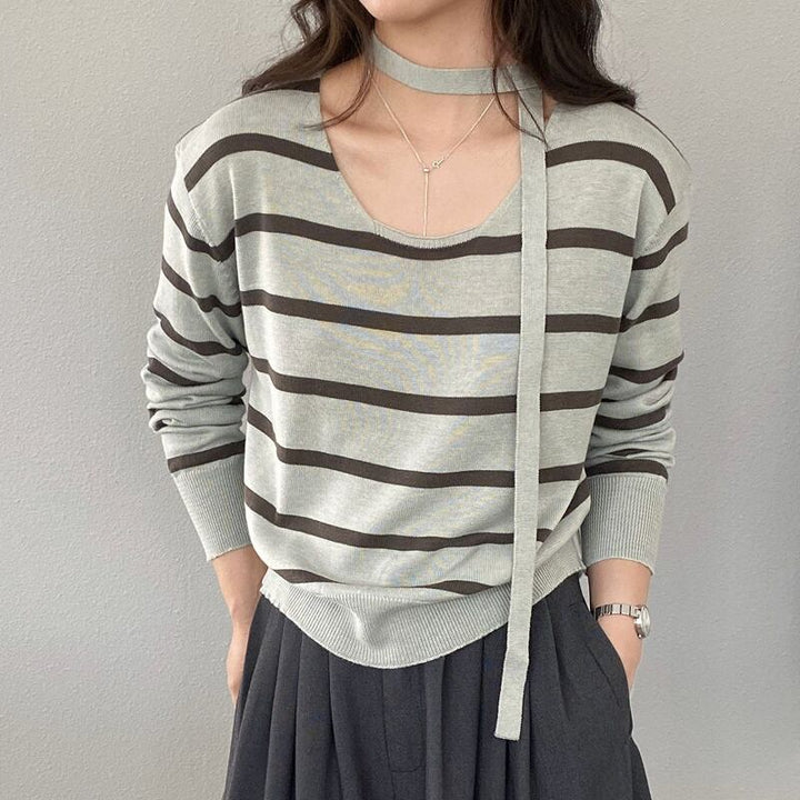 【tops】スカーフ付きボーダー柄ニットトップス Q8284