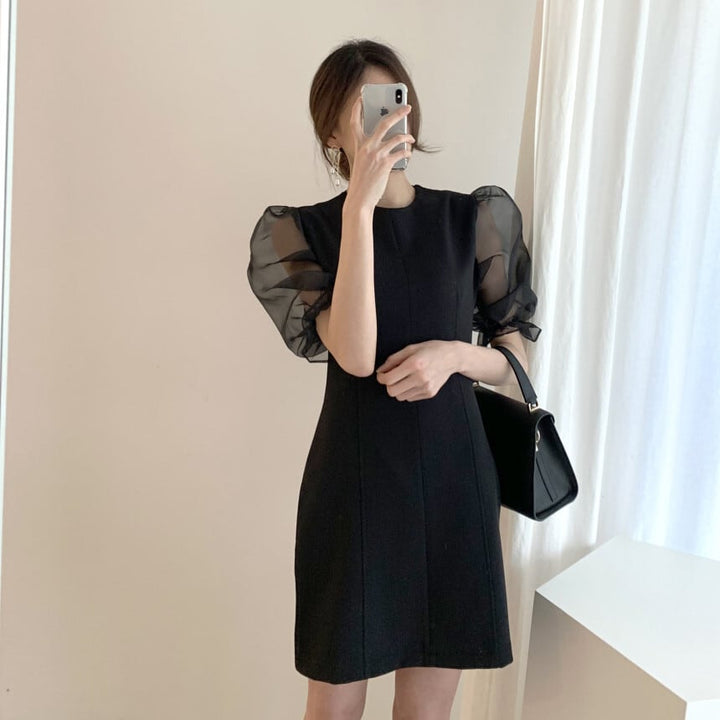 【dress】チュールスリーブ切り替えワンピース　M23986