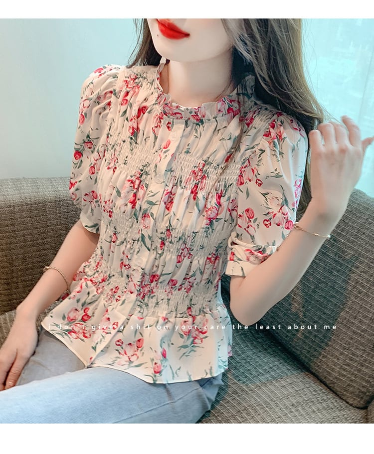 【tops】美人度アップスウィートパフスリーブ花柄トップス　M17339